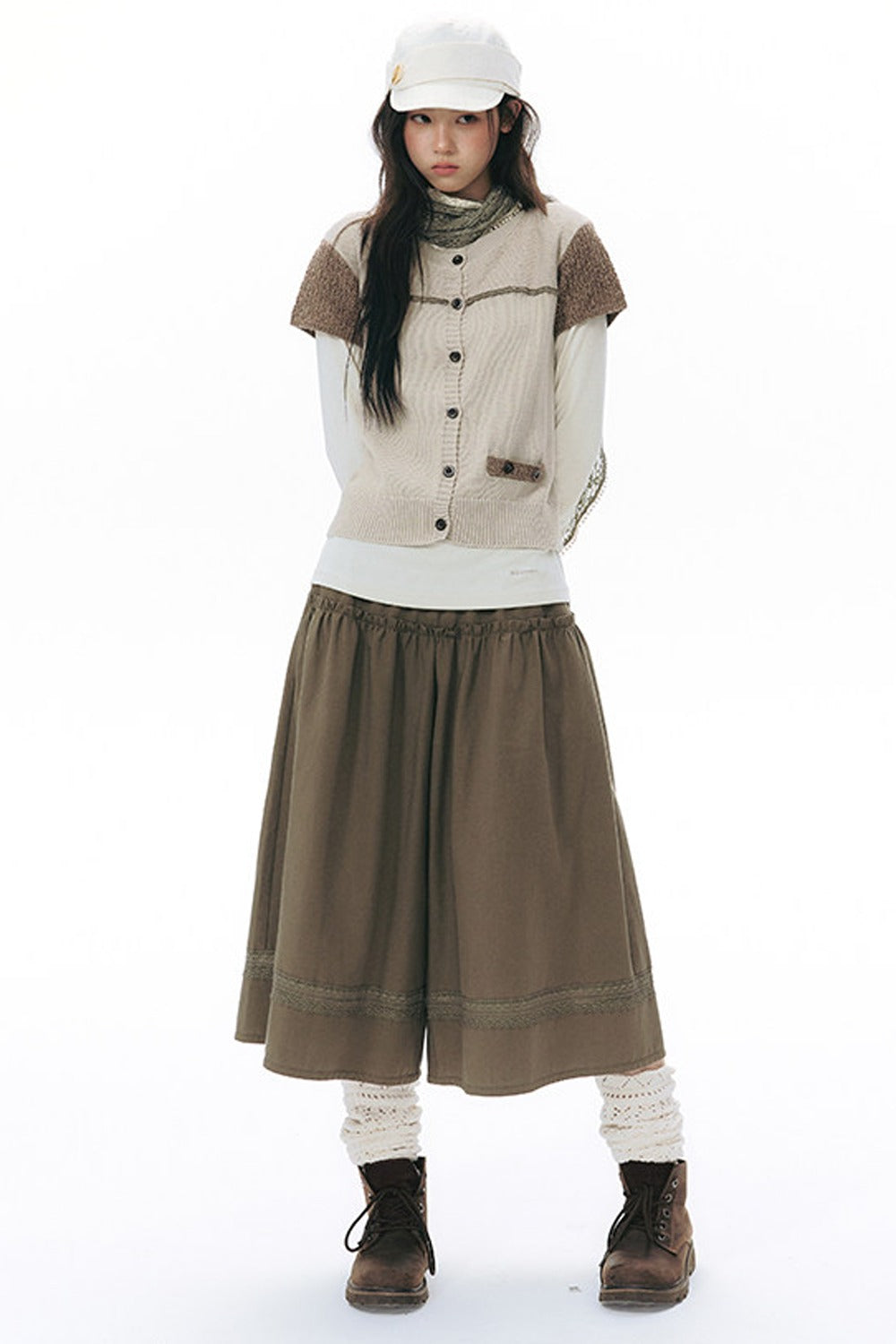 Elastic Waist Patchwork Wide-Leg Skirt Pants