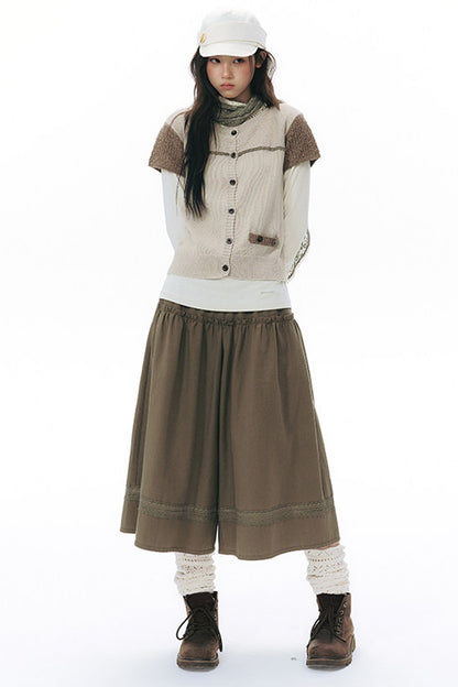 Elastic Waist Patchwork Wide-Leg Skirt Pants