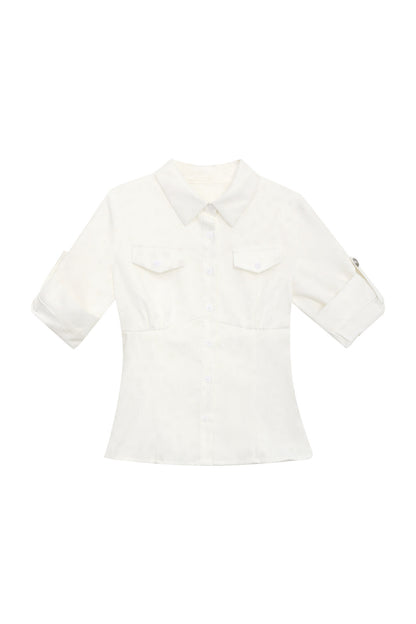 Textured White Double Pocket Shirt