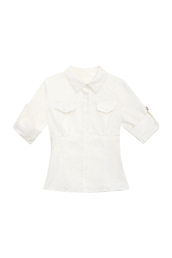 Textured White Double Pocket Shirt
