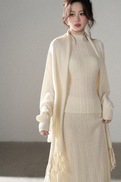 Turtleneck Sweater Long Skirt Shawl Cardigan Set