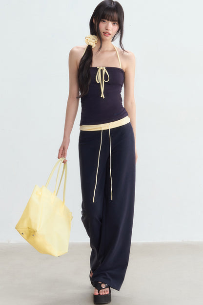 Color-Blocked Waistband Drawstring Wide-Leg Pants