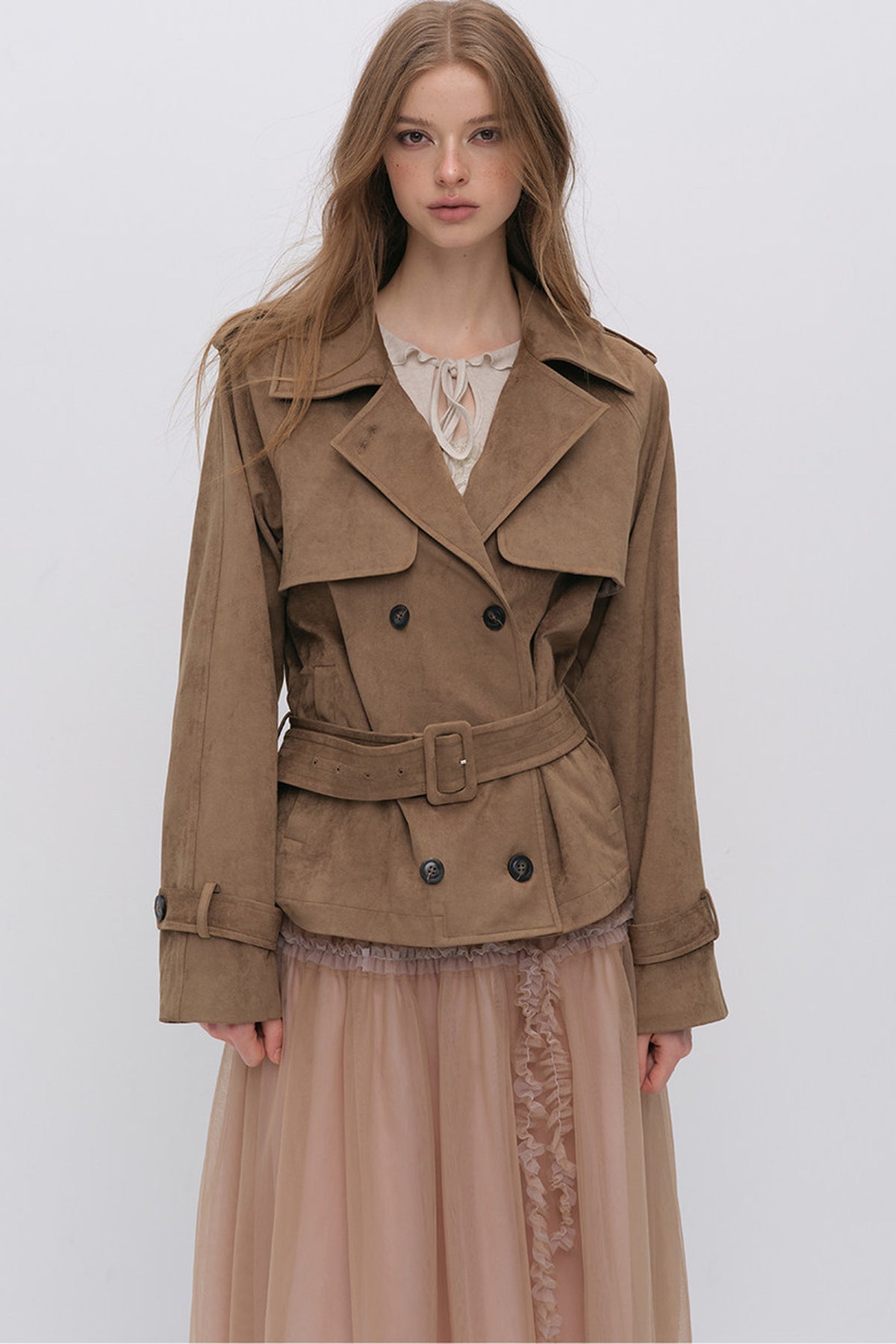 Suede Buttoned Trench Jacket