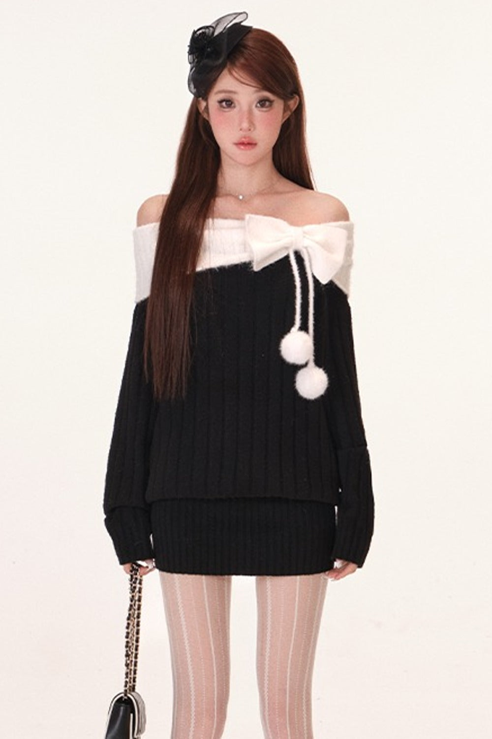 Off-Shoulder Bowknot Pom-Pom Knit Dress