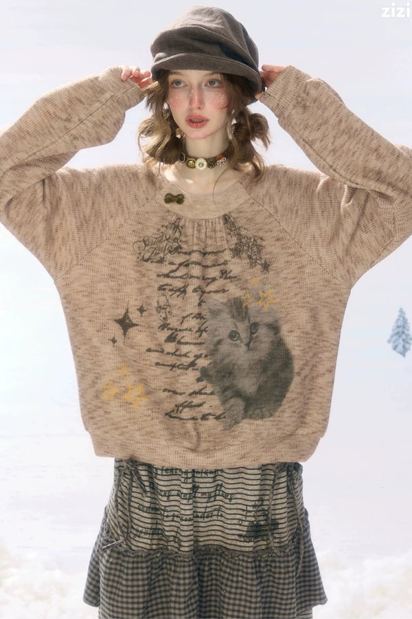 Distressed Cat Print Sweatshirt