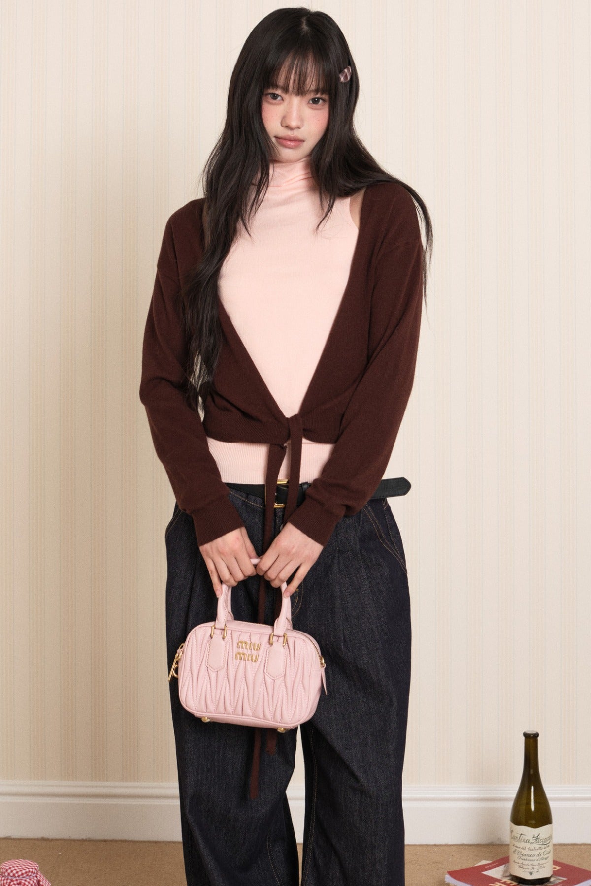Layered High-Neck Vest and Tie-Up Cardigan Set-Up