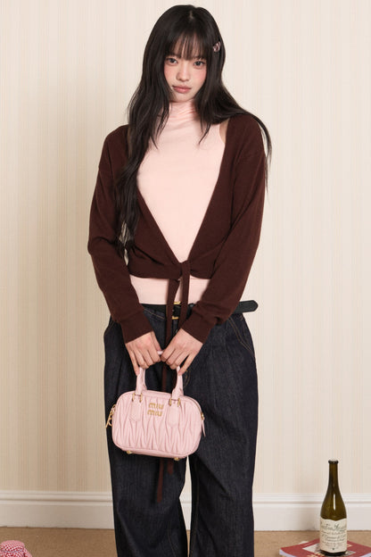 Layered High-Neck Vest and Tie-Up Cardigan Set-Up
