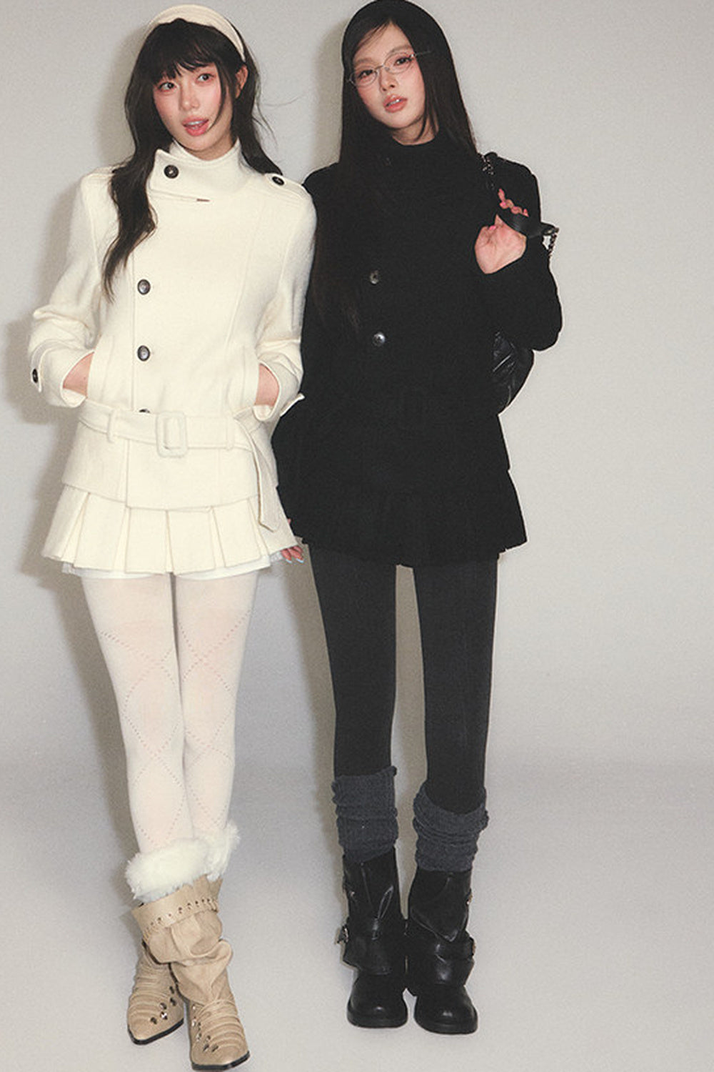 Detachable Belt Woolen Coat and Pleated Skirt Set-Up