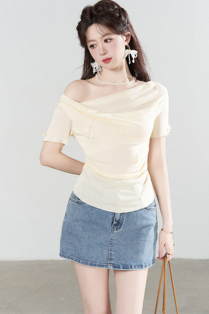 Gelbes kurzärmeliges Stricktop mit Drapé-Ausschnitt