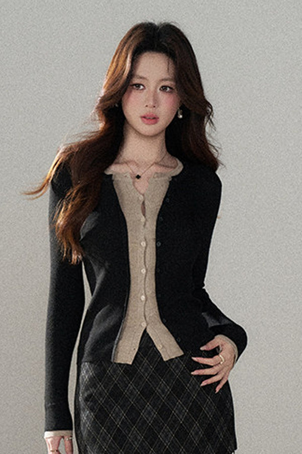 Short Color-Blocked Knit Cardigan