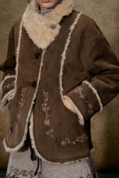 Embroidered Branch Snow Faux Suede Jacket