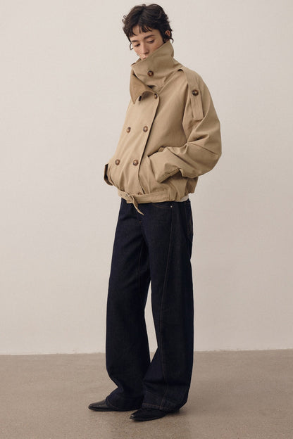 Color-Blocked Double-Breasted High-Collar Trench Coat