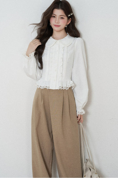 White Long-Sleeved Loose Pullover Doll Collar Shirt