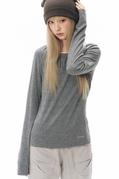 Pleated Striped Knit Base Layer Top