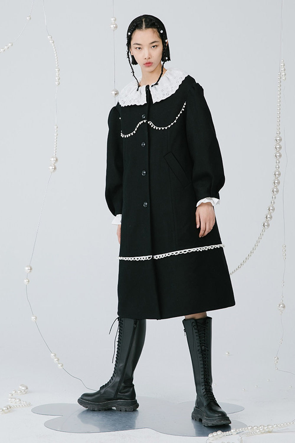 Black Pearl Lace Wool Coat
