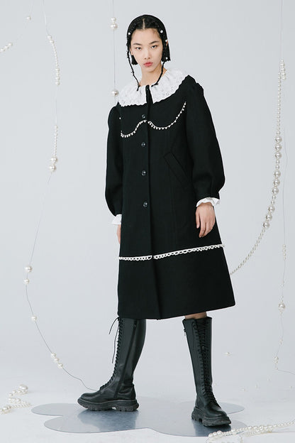 Black Pearl Lace Wool Coat