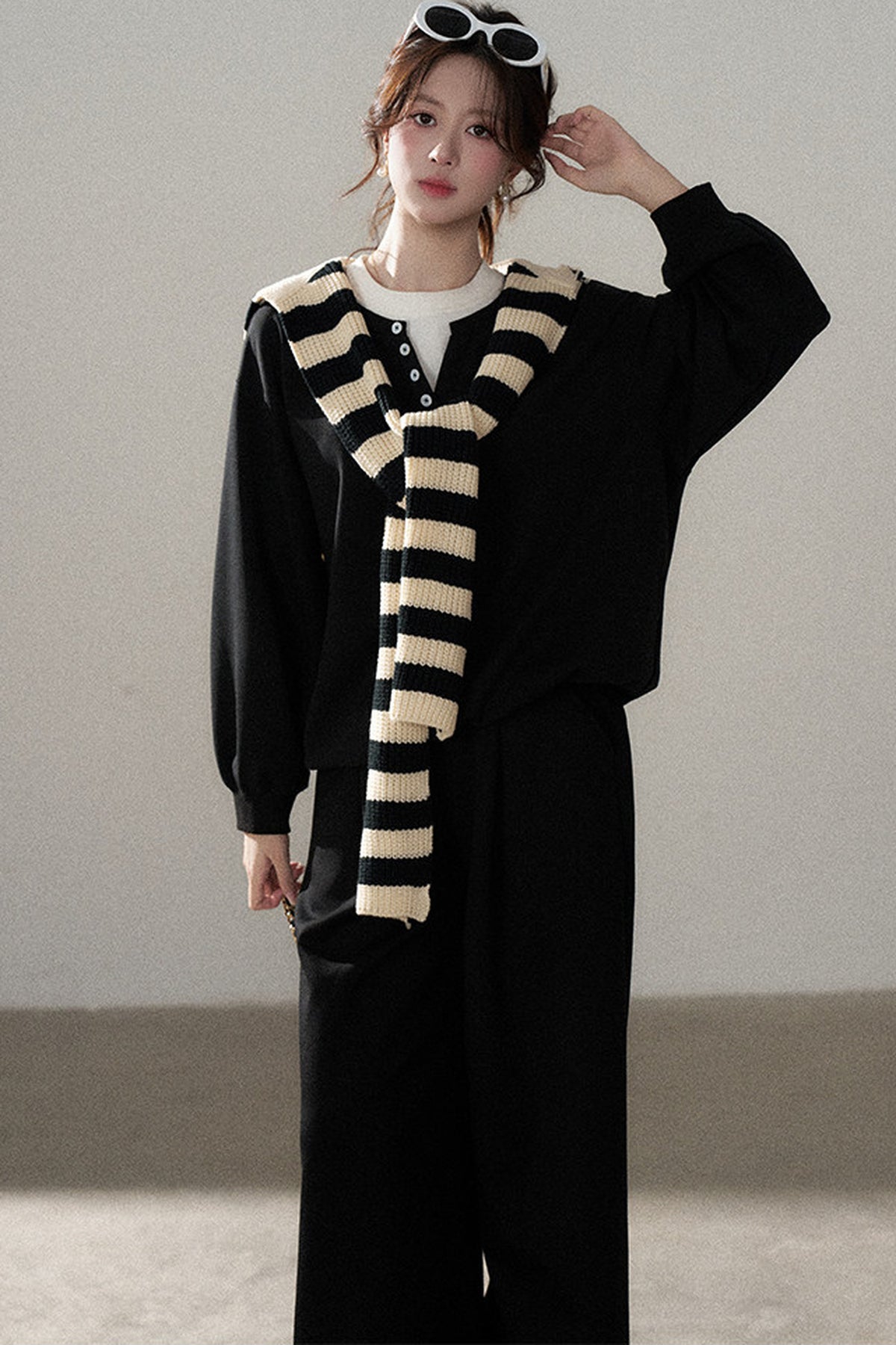 Hooded Shawl Sweatshirt and Wide-Leg Pants Set-Up