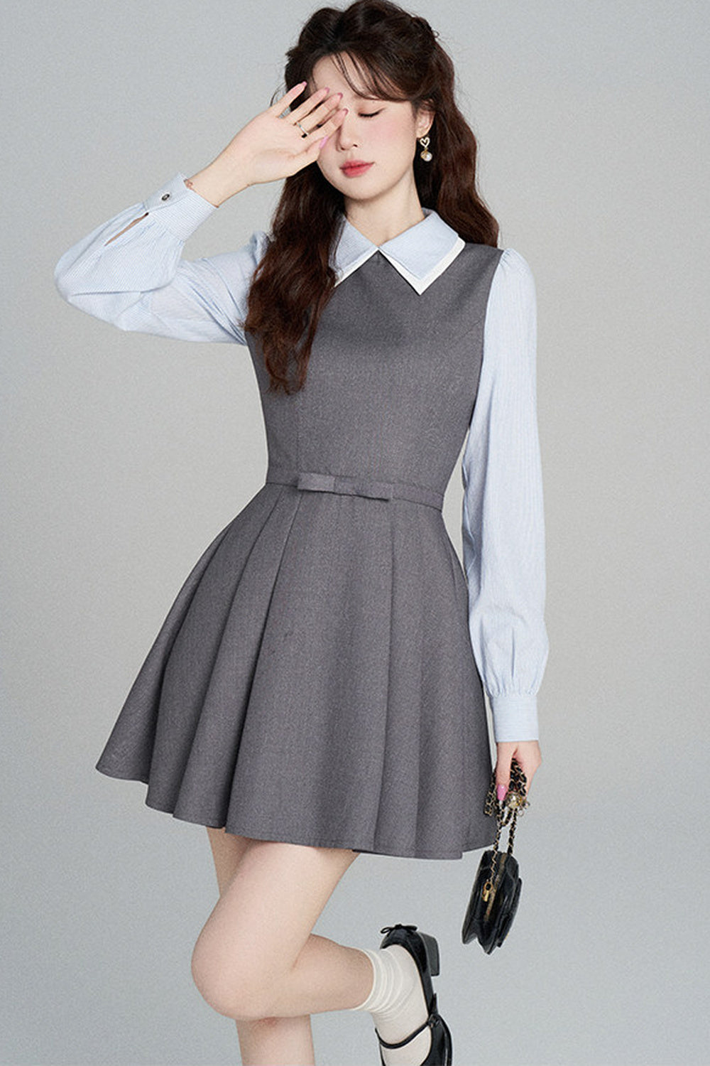 Gray Long-Sleeved A-Line Full Skirt Dress
