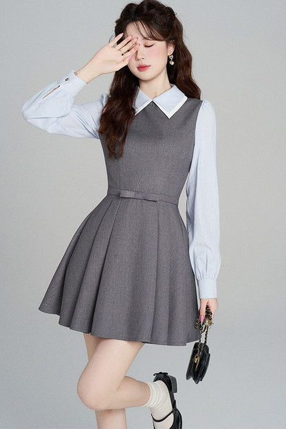 Gray Long-Sleeved A-Line Full Skirt Dress