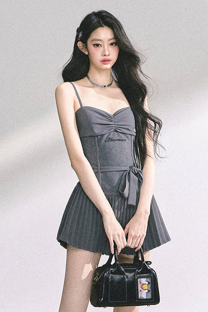 Gray Spaghetti Strap Puffy Dress