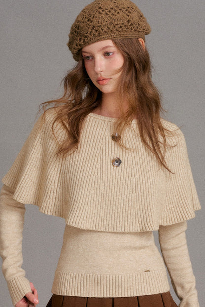 Floral Button Ribbed Cuff Cape Sweater Set