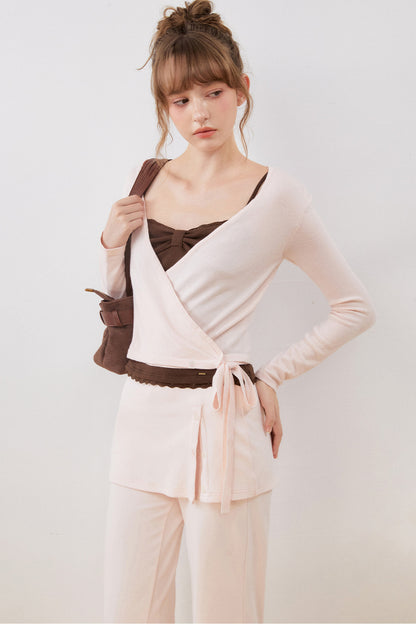 V-Neck Wrap Knit Top Set-Up