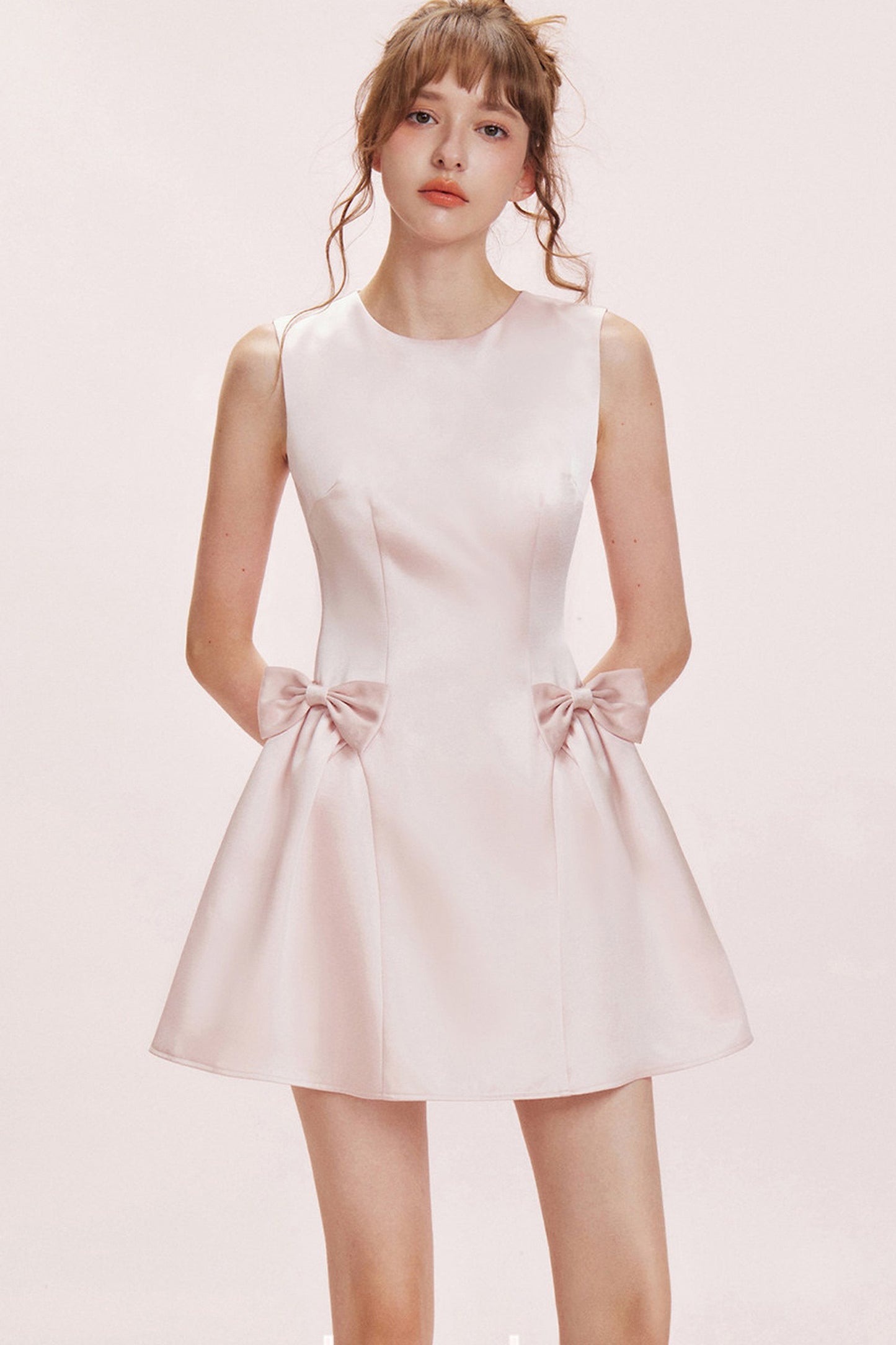 Double Bow Satin Vest Dress and Cardigan Set-Up