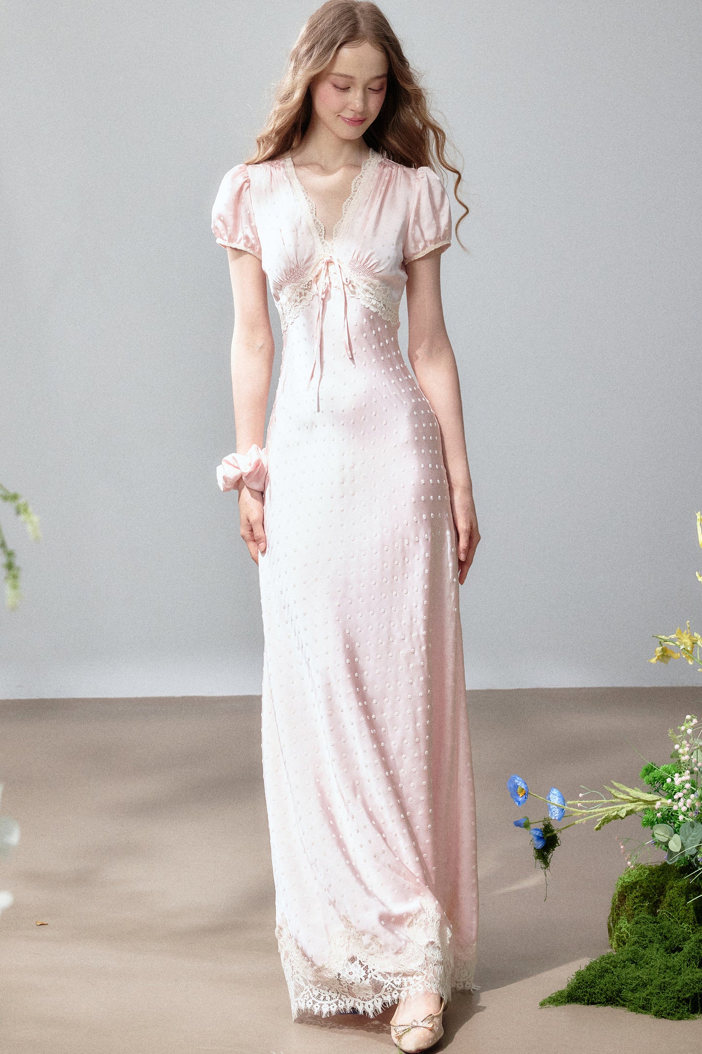 Polka Dot Satin Lace Long Dress