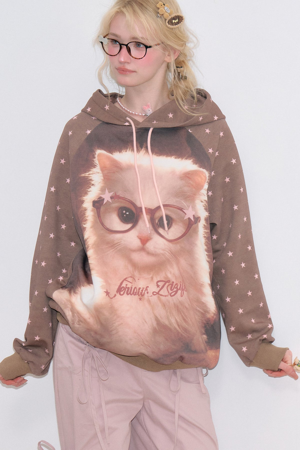 Brown Cat Star Polka Dot Hoodie