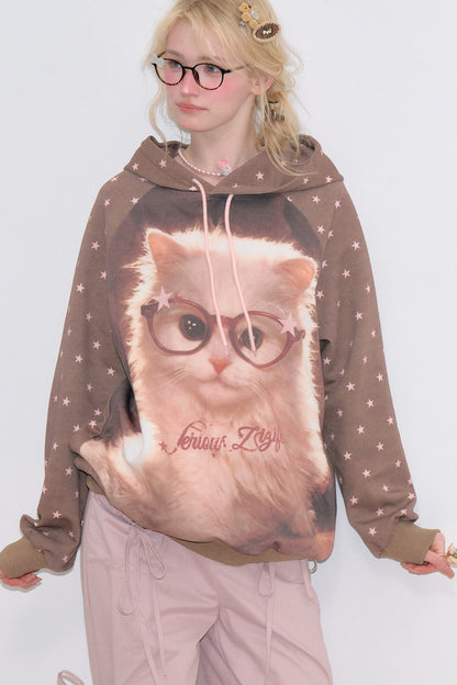Brown Cat Star Polka Dot Hoodie