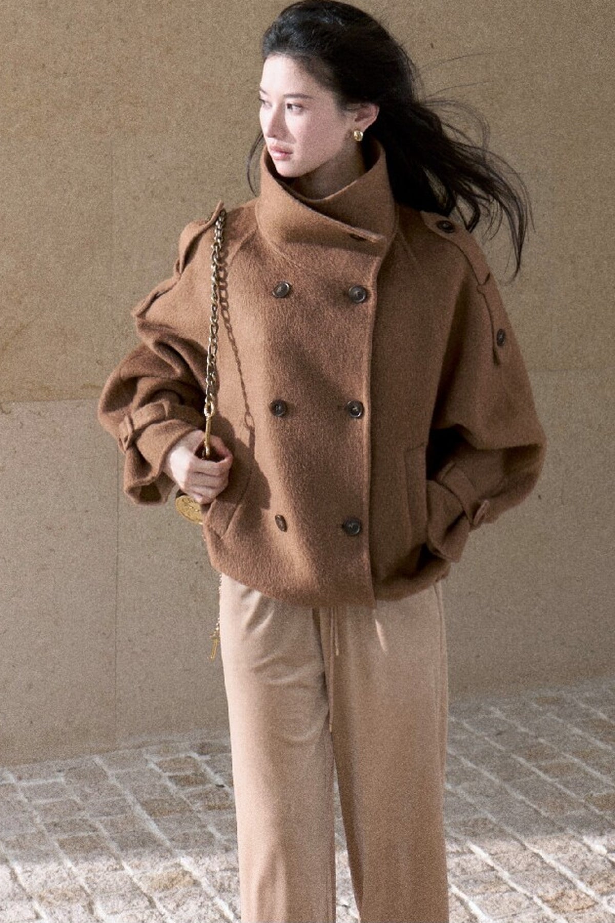 Lace Knit Long-Sleeve Top and Drape Velvet Straight-Leg Pants Set-Up