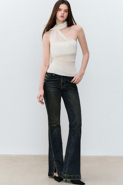 Heart Button Slit Flared Jeans