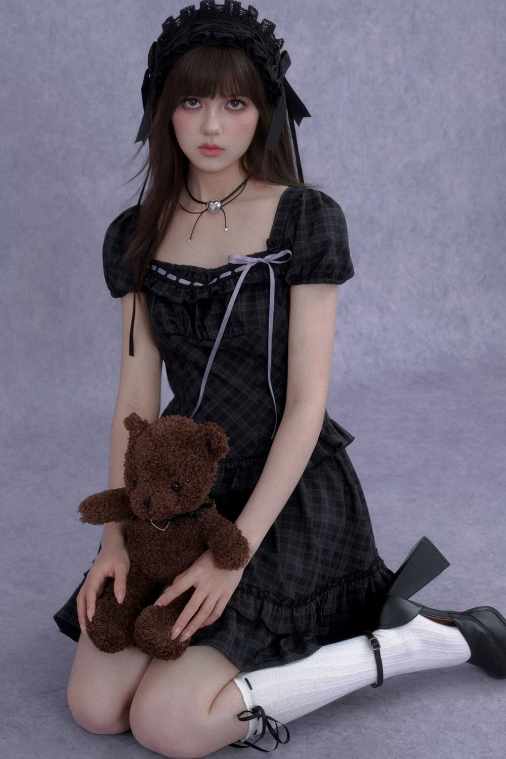 Rose Plaid Lolita Square Neck Dress