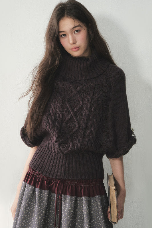 Berry Purple High-Neck Wool Knit Cape