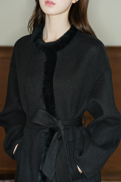 Rabbit Fur Placket Wool Coat