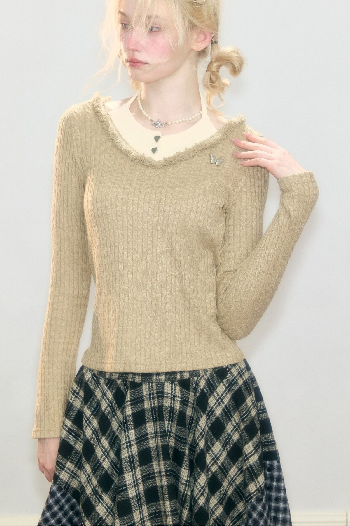 Frayed Halter Layered-Look Knit Top