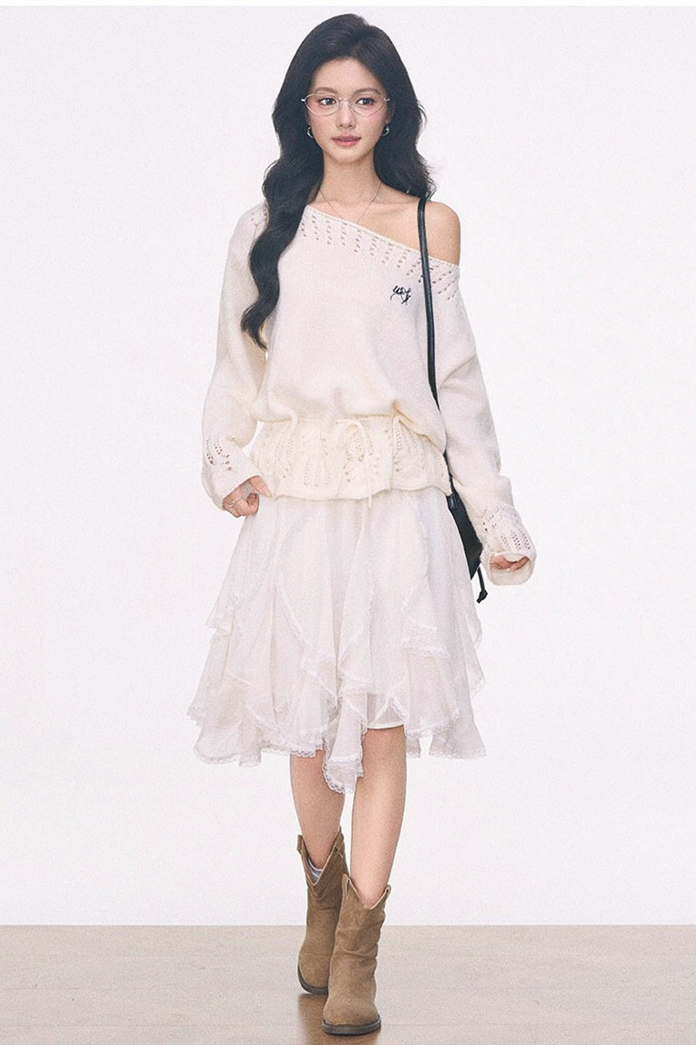 Off-Shoulder Lace-Up Sweater And Ruffled Skirt Set-Up