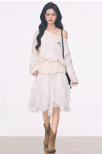 Off-Shoulder Lace-Up Sweater And Ruffled Skirt Set-Up