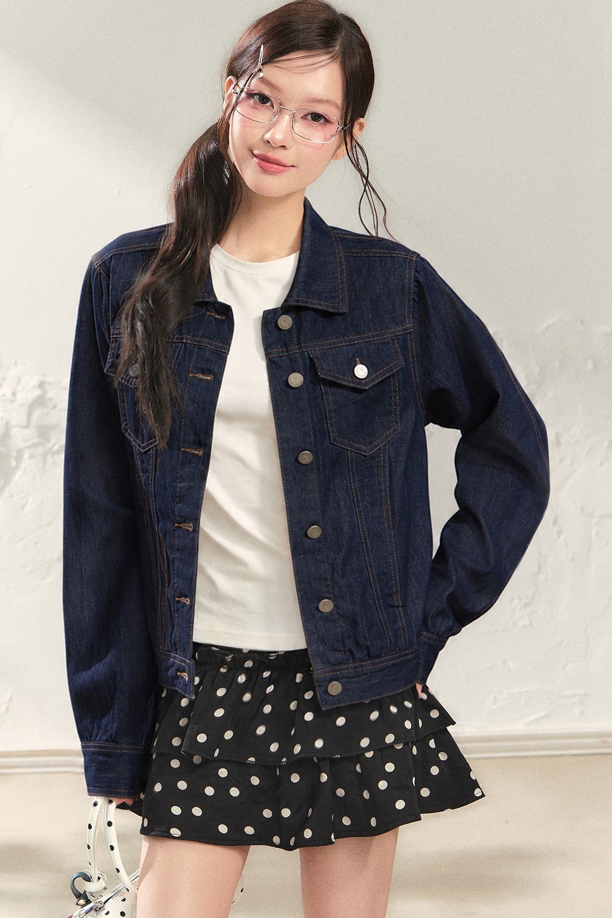 White Denim Jacket and Black Polka Skirt Set-Up