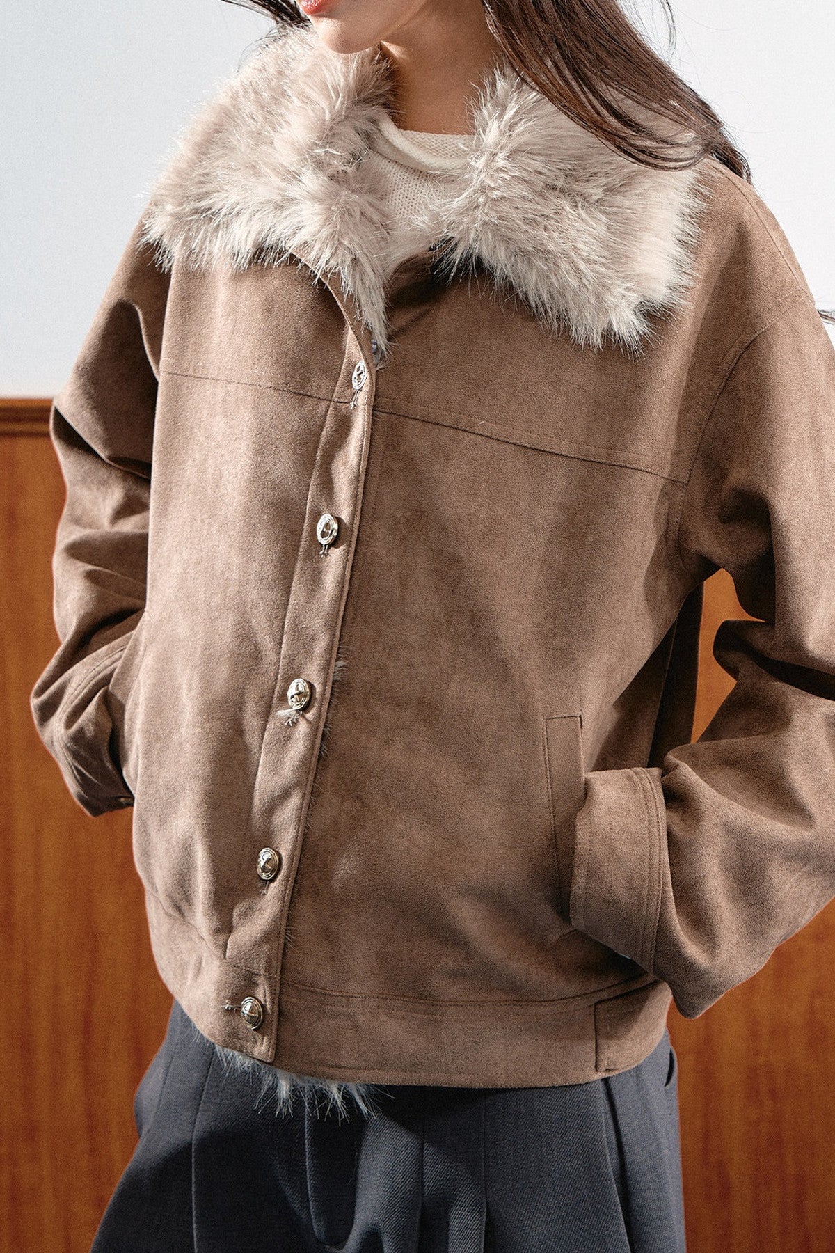 Khaki Brown Short Fur Coat