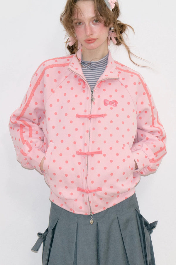 Pink Polka Dot Zipper Sweatshirt Jacket