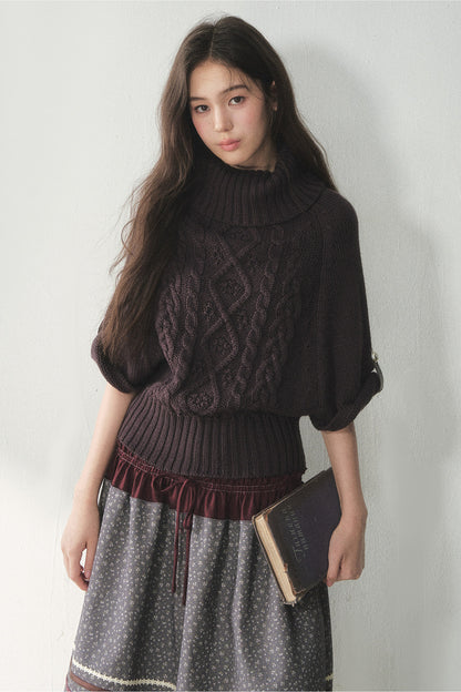 Berry Purple High-Neck Wool Knit Cape
