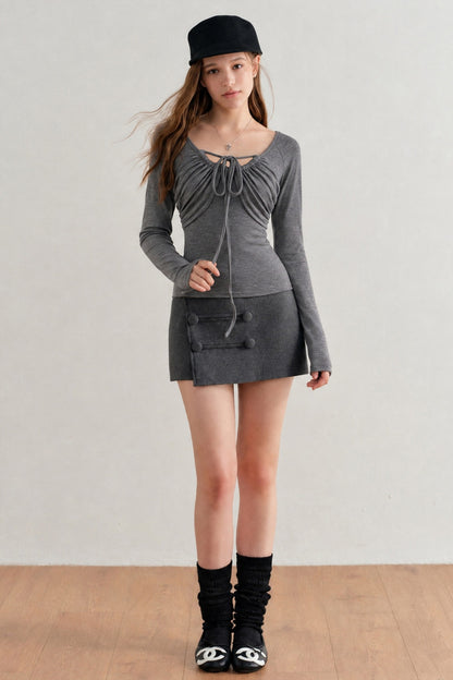 Lyocell Cotton Wool Long-Sleeve Drawstring Knit Top
