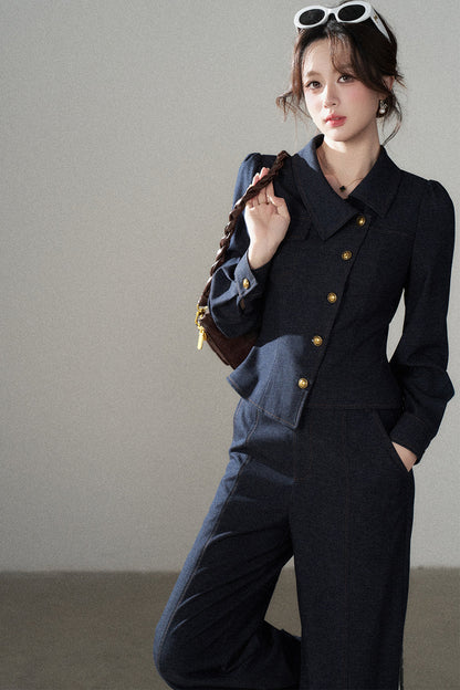 Asymmetrical Lapel Blue Top and Pants Set-Up