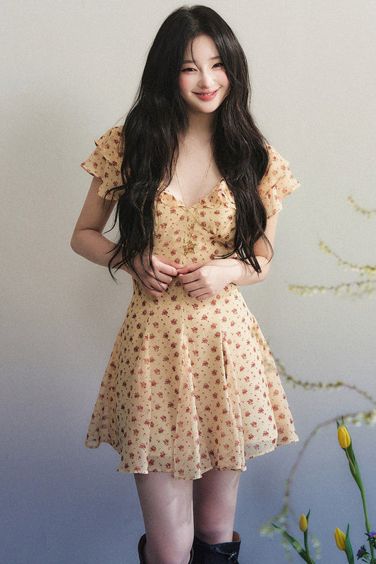 꽃무늬 쉬폰 브이넥 러플 플리츠 원피스