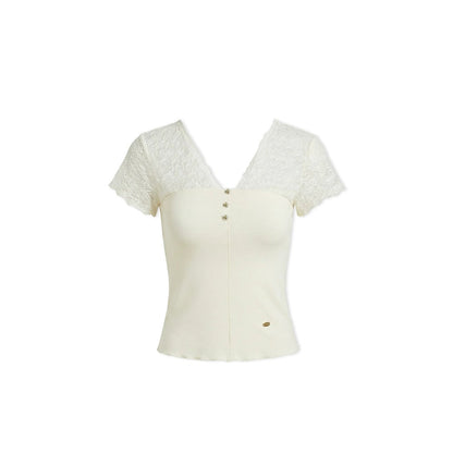Lace-Panel V-Neck T-Shirt