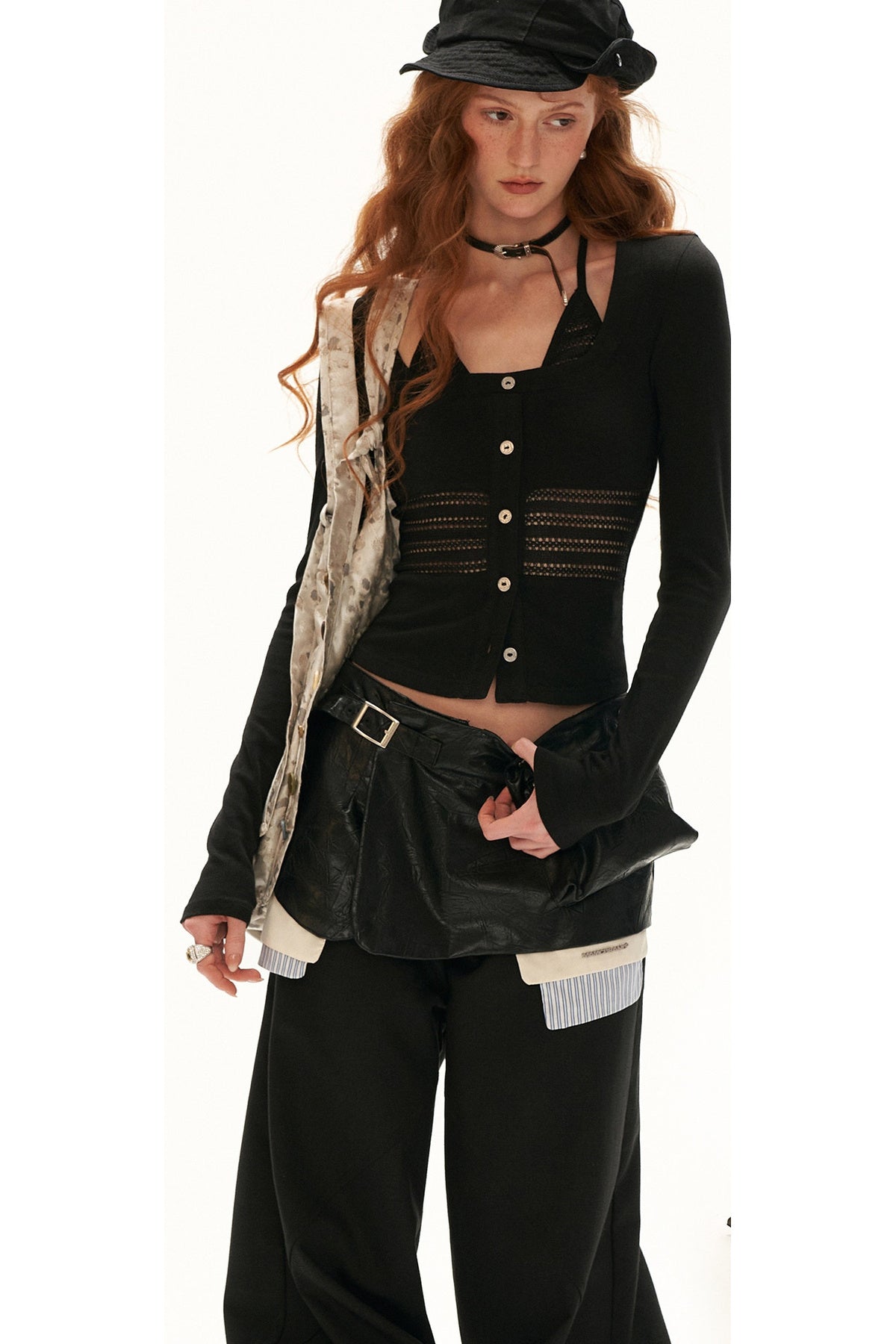 Long-Sleeve Halter Button Hollow-Out Cardigan