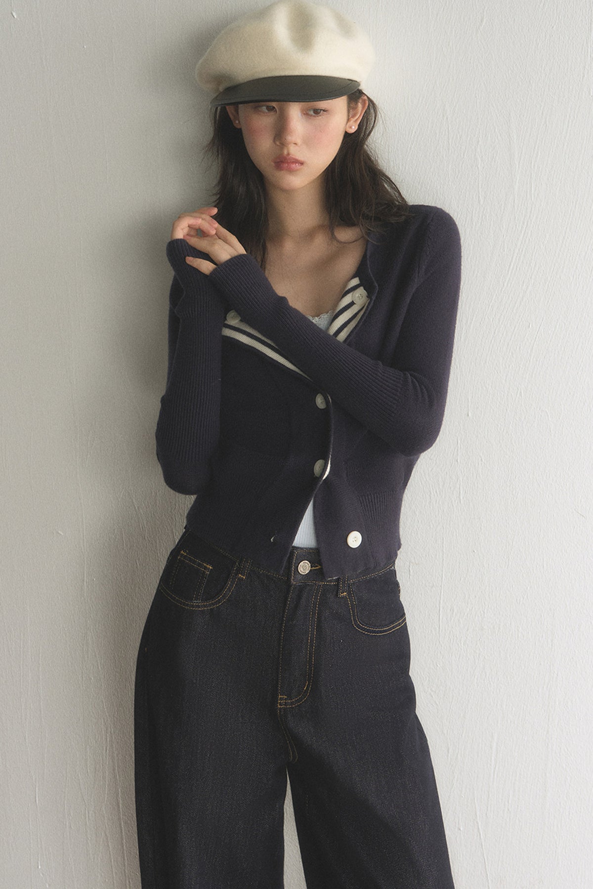 Striped Lapel Cardigan and Wide-Leg Jeans Set-Up