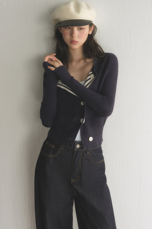 Striped Lapel Cardigan and Wide-Leg Jeans Set-Up