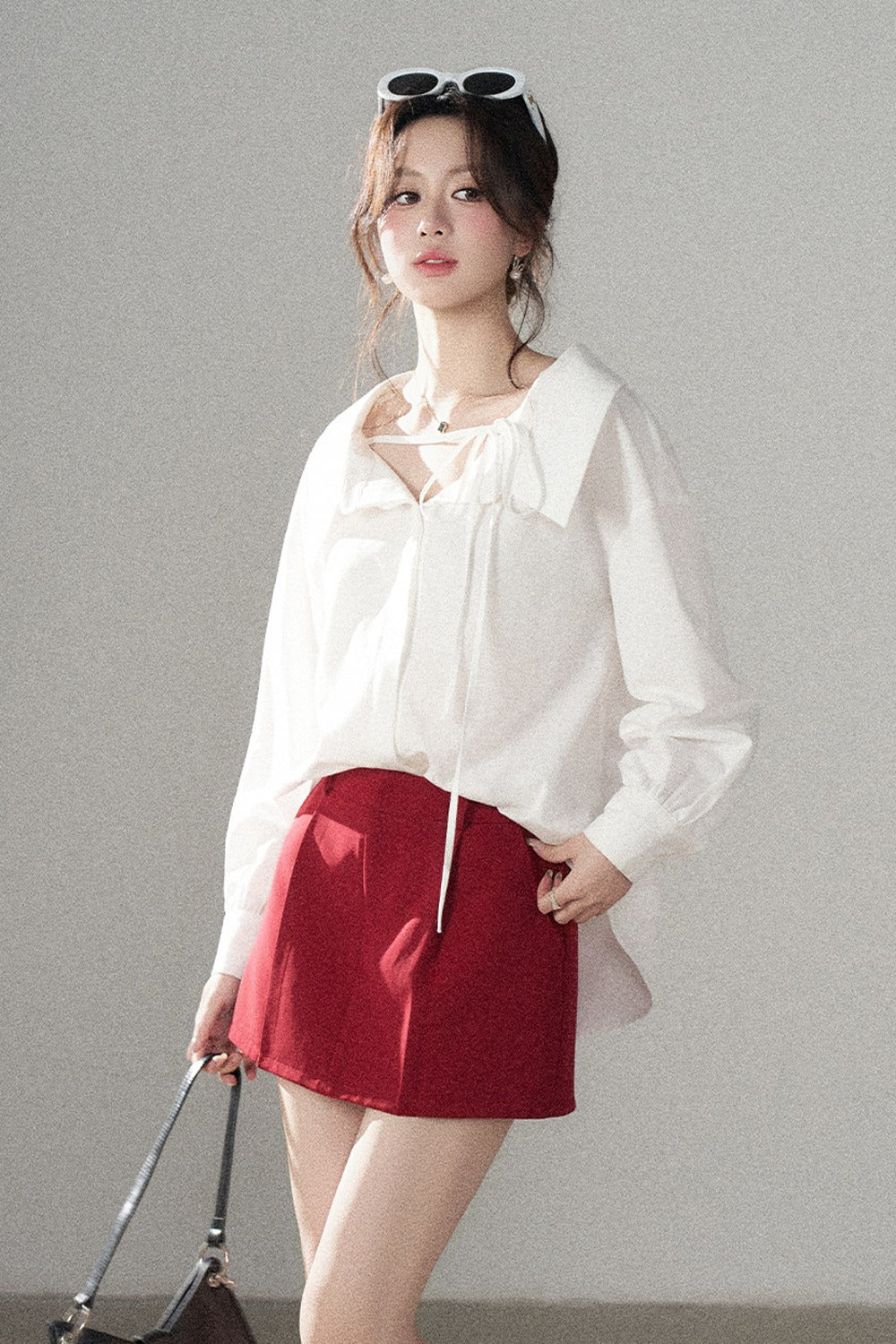 Long-Sleeve V-Neck Shirt and Skirt Set-Up